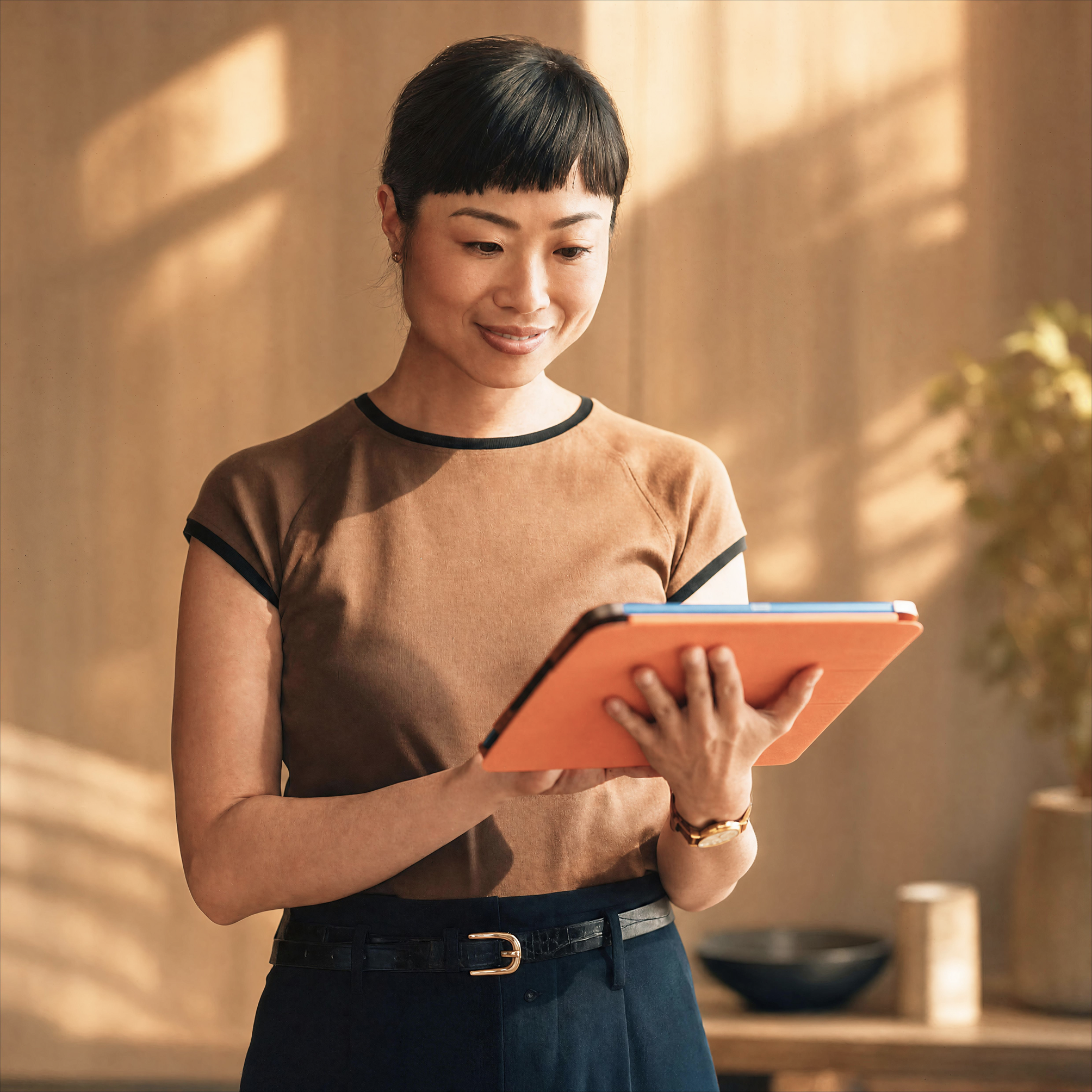 Woman looking in too a tablet