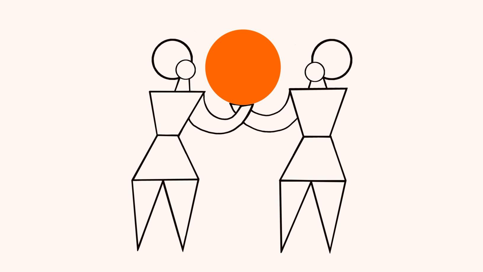 Minimalist line drawing of two figures holding a large orange circle together.