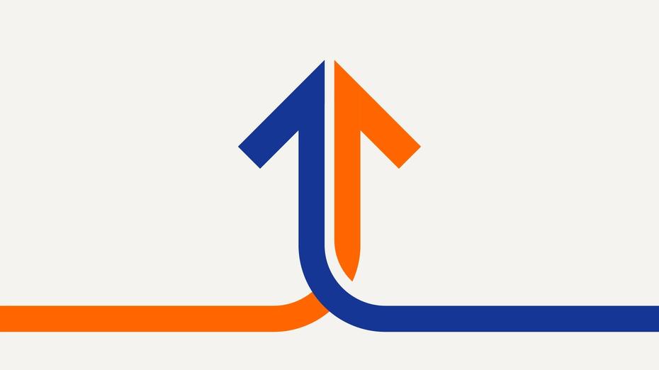 Two arrows, one blue, one orange, twist together as they point upwards.