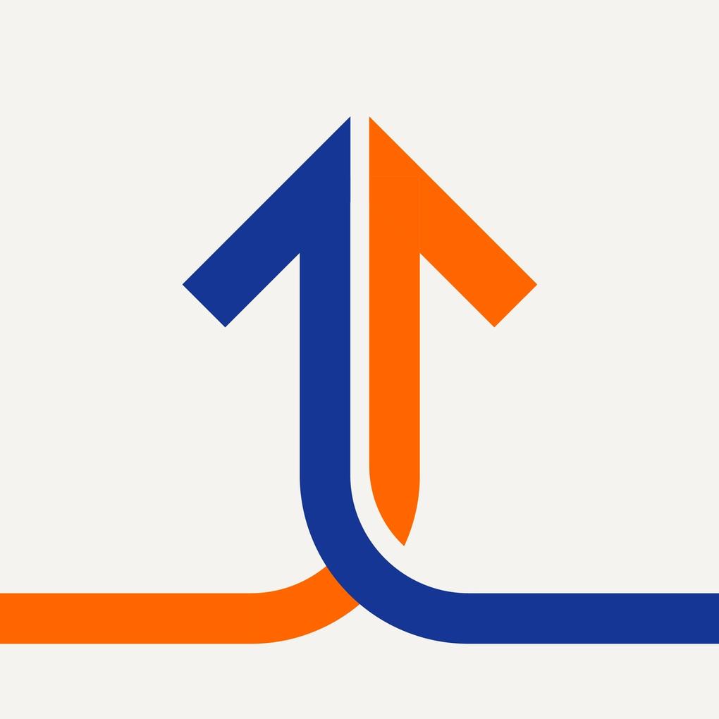 Two arrows, one blue, one orange, twist together as they point upwards.