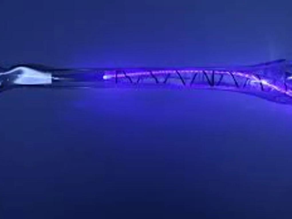A glowing blue fiber optic cable with a twisted design.