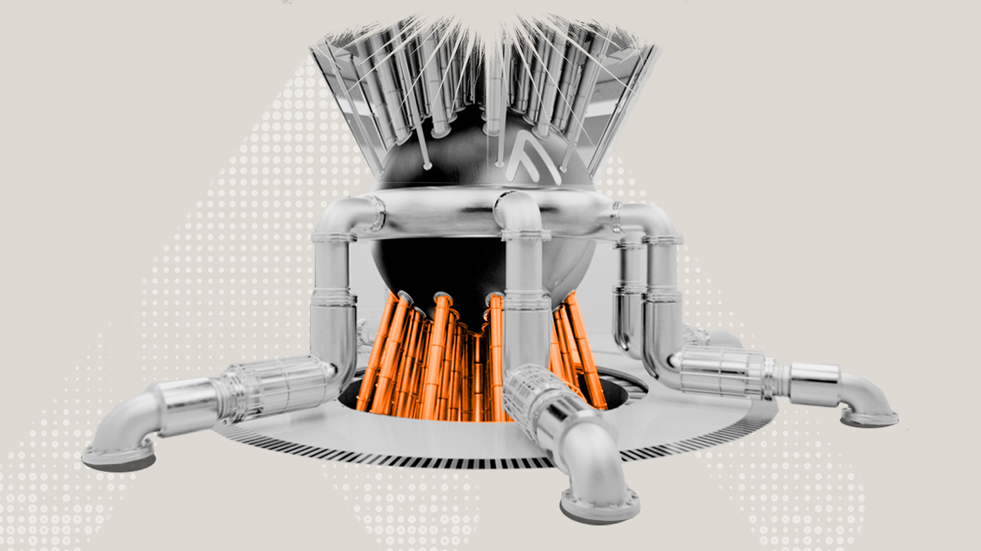 Stylized illustration of a futuristic energy facility with glowing orange fusion‑like particles arching over modern residential buildings.