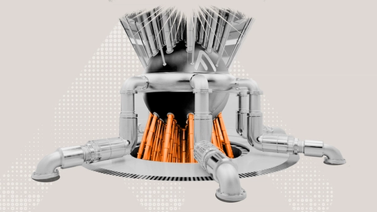 Stylized illustration of a futuristic energy facility with glowing orange fusion‑like particles arching over modern residential buildings.