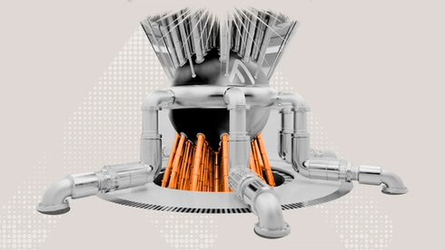 Stylized illustration of a futuristic energy facility with glowing orange fusion‑like particles arching over modern residential buildings.