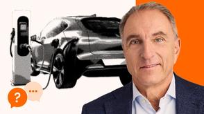 Portrait of a man in a suit beside a halftone-style electric car plugged into a charging station, with speech‑bubble icons in the corner.