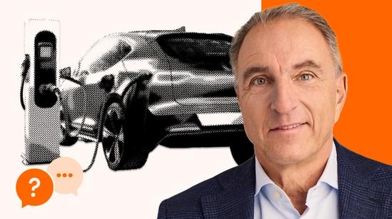 Portrait of a man in a suit beside a halftone-style electric car plugged into a charging station, with speech‑bubble icons in the corner.