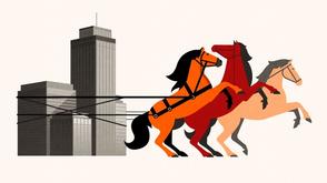 Illustration of three horses pulling a city skyline, symbolizing economic forces driving urban development.