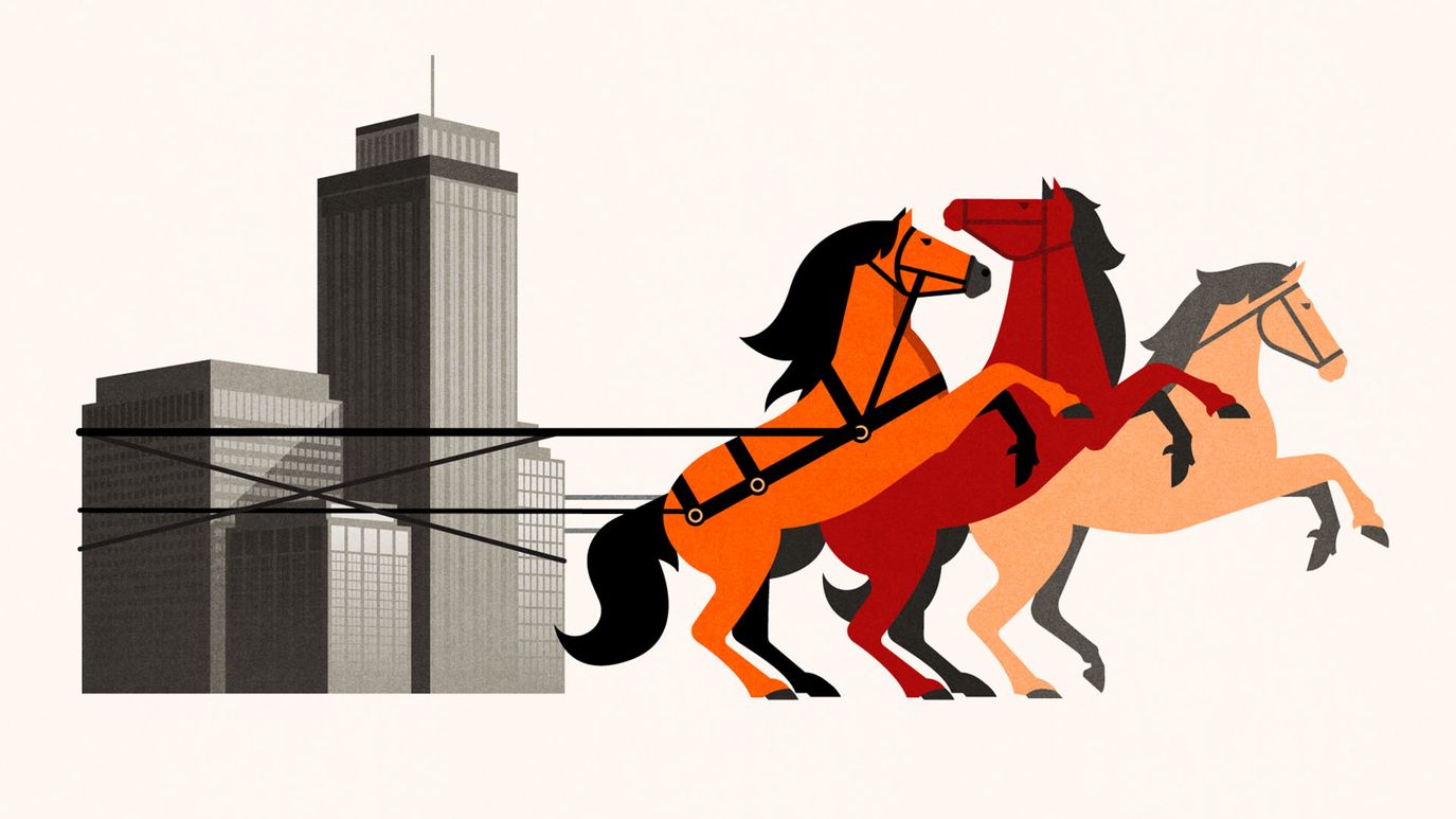 Illustration of three horses pulling a city skyline, symbolizing economic forces driving urban development.