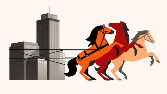 Illustration of three horses pulling a city skyline, symbolizing economic forces driving urban development.