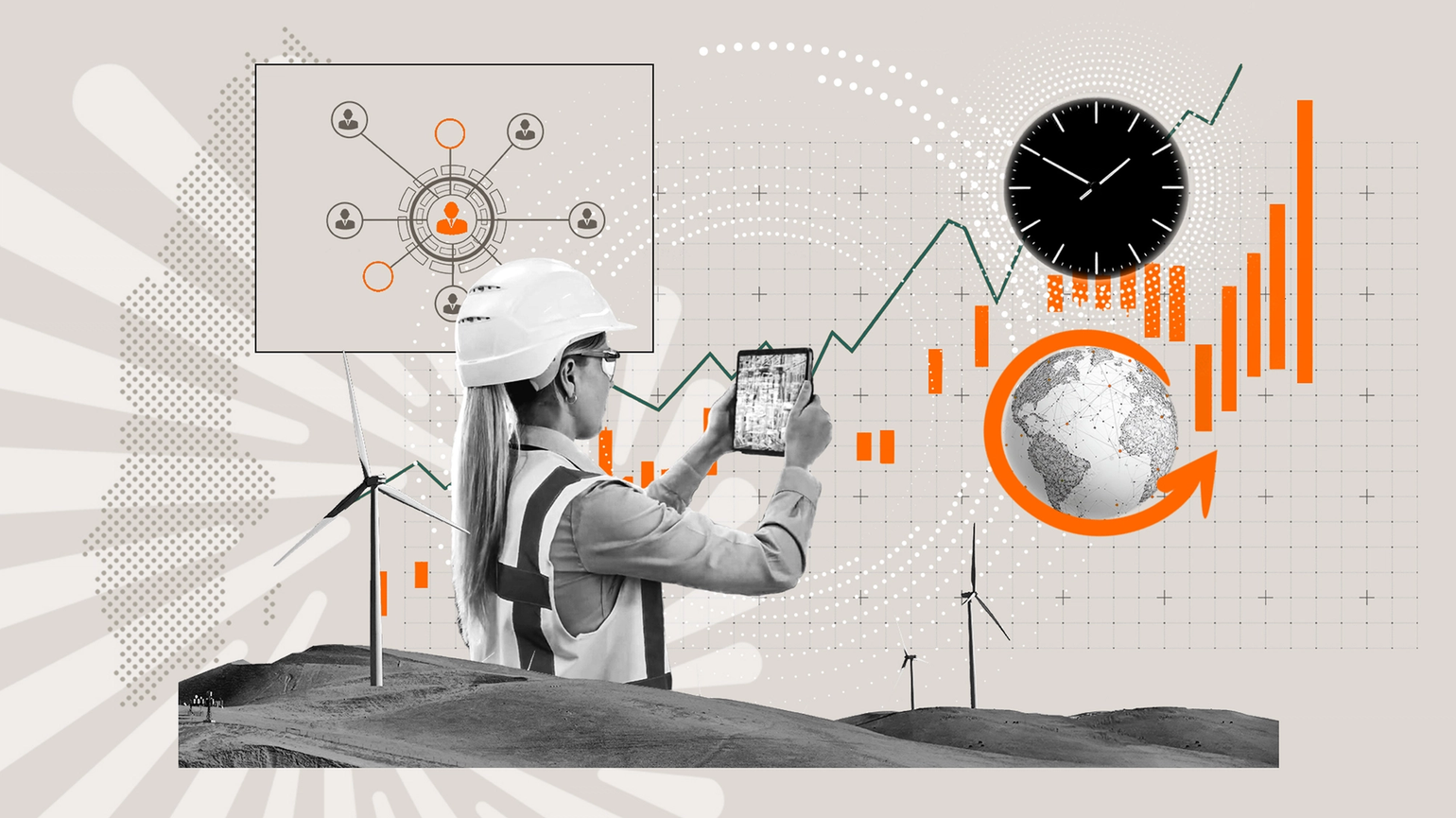 Collage of a worker in a hard hat using a tablet near wind turbines, surrounded by charts, graphs, and global connectivity icons.