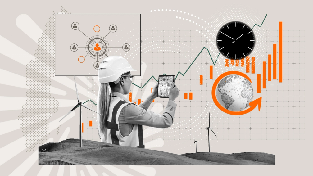 Collage of a worker in a hard hat using a tablet near wind turbines, surrounded by charts, graphs, and global connectivity icons.