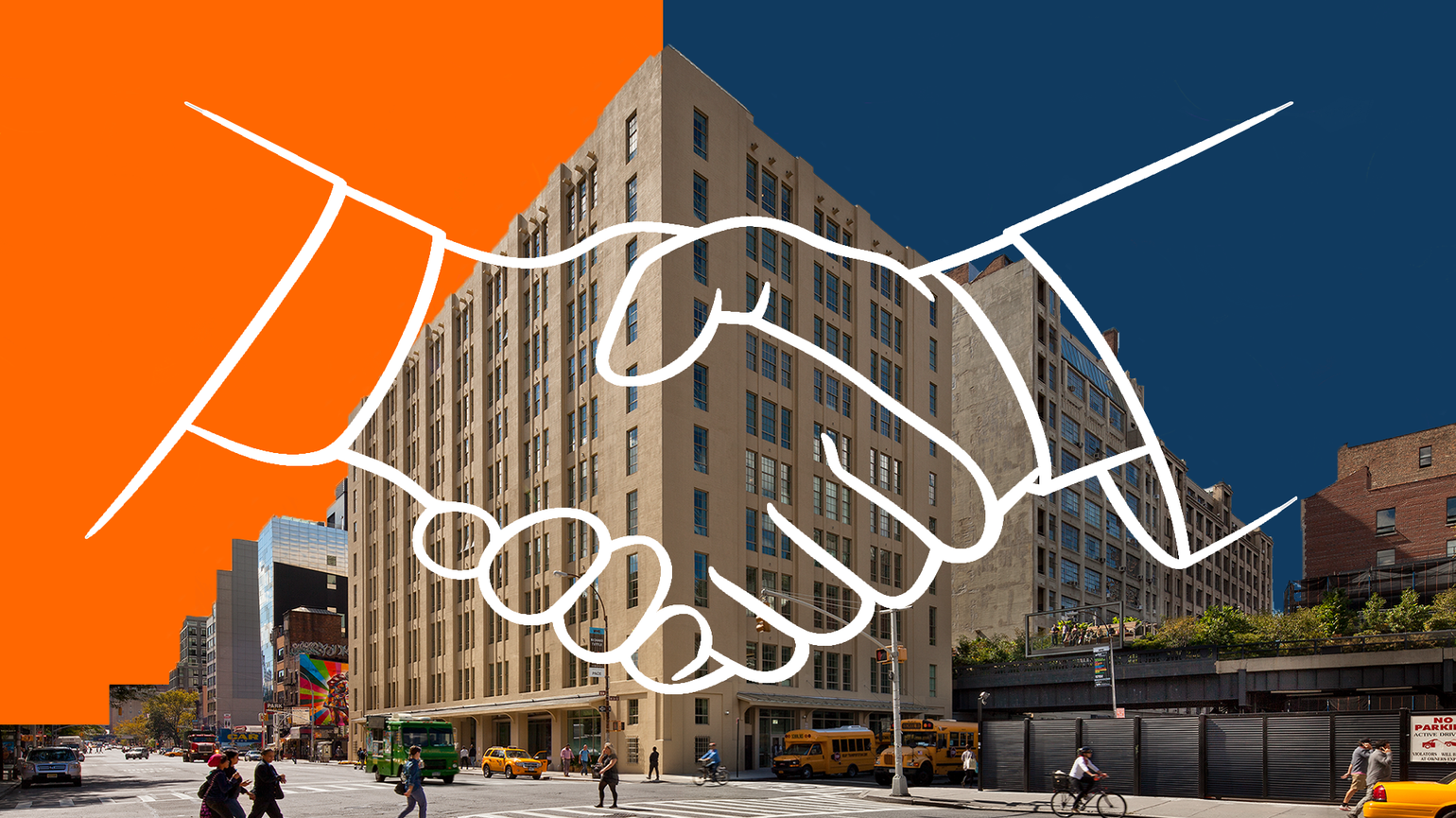 A city street scene with a large building in the center, overlaid by a white outline of a handshake, and a background split between bright orange and dark blue.