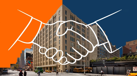 A city street scene with a large building in the center, overlaid by a white outline of a handshake, and a background split between bright orange and dark blue.