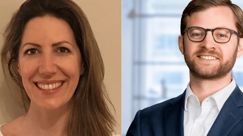 A split image of a woman with long hair smiling on the left and a man with glasses and a beard in a suit on the right.