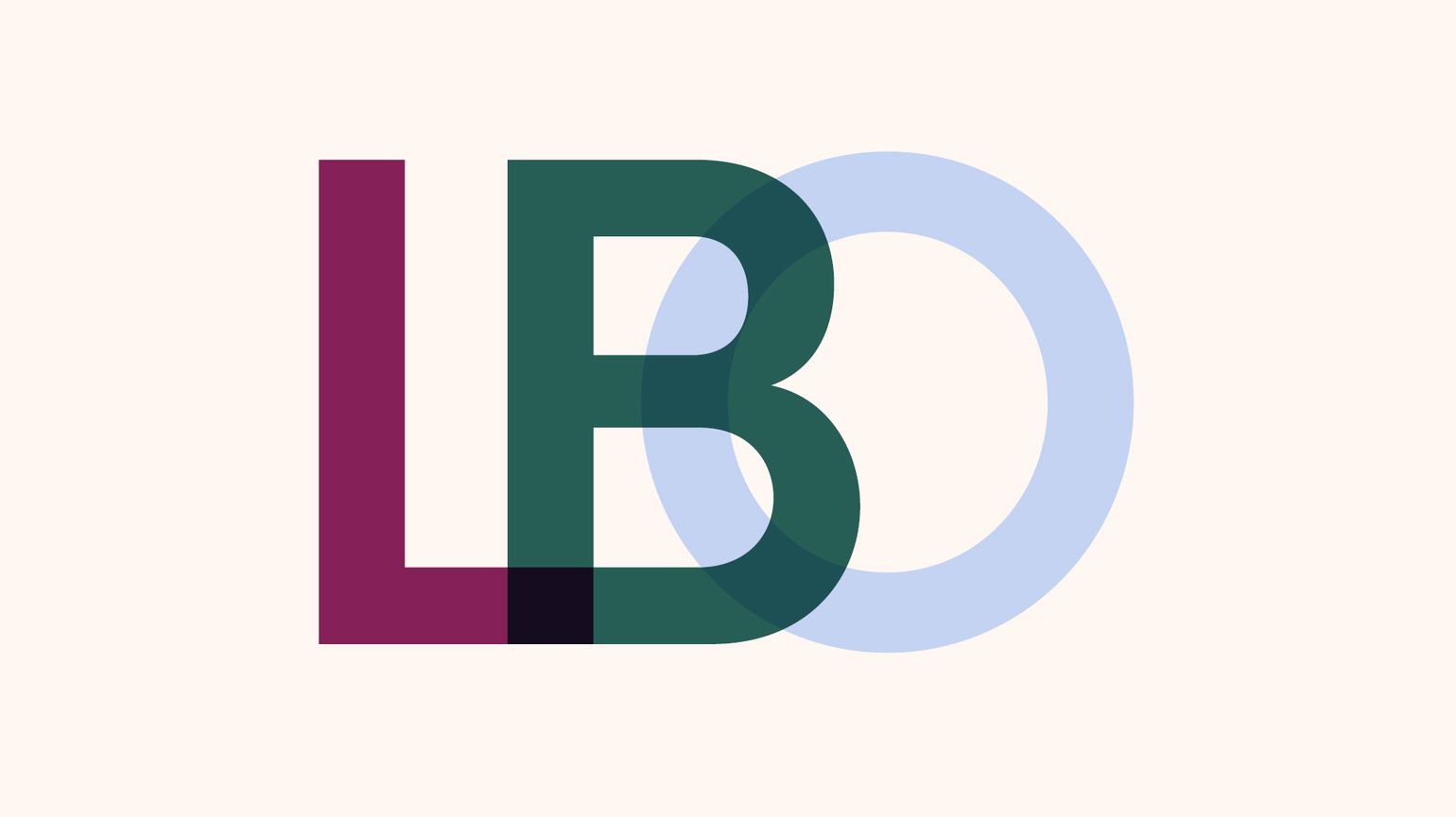 Capital letters L, B and O slightly overlapping and each in a different colour.