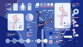 Illustration of a surgeon using virtual reality tools and controllers, surrounded by digital medical diagrams and data visuals of bones and surgery planning.