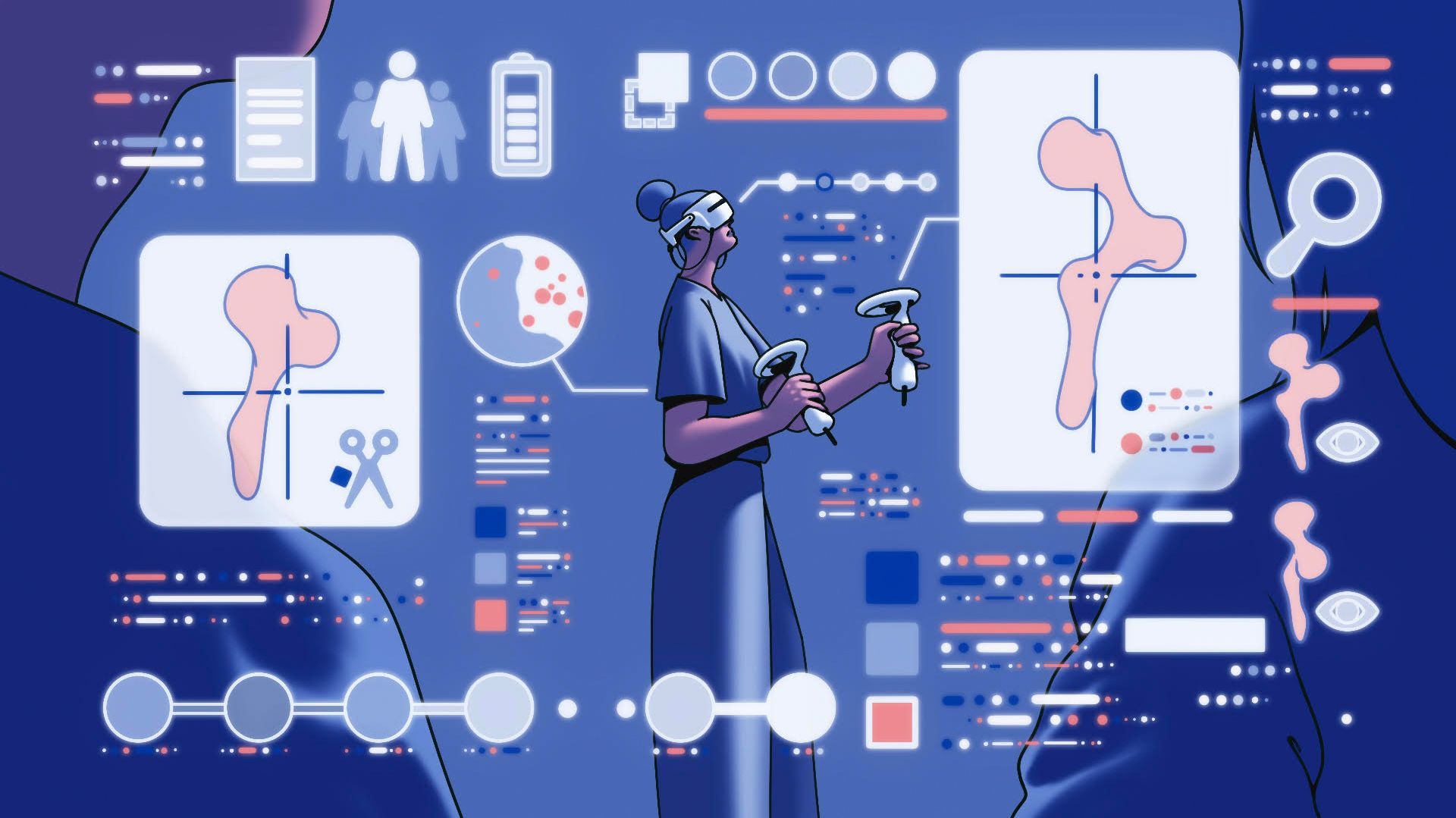 Illustration of a surgeon using virtual reality tools and controllers, surrounded by digital medical diagrams and data visuals of bones and surgery planning.