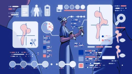 Illustration of a surgeon using virtual reality tools and controllers, surrounded by digital medical diagrams and data visuals of bones and surgery planning.