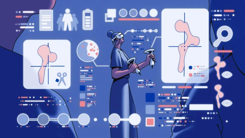 Illustration of a surgeon using virtual reality tools and controllers, surrounded by digital medical diagrams and data visuals of bones and surgery planning.