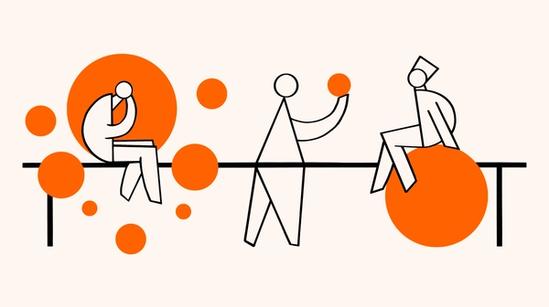 Minimalist line drawing of two figures at a table, one holding an orange ball and the other sitting on a large orange circle.