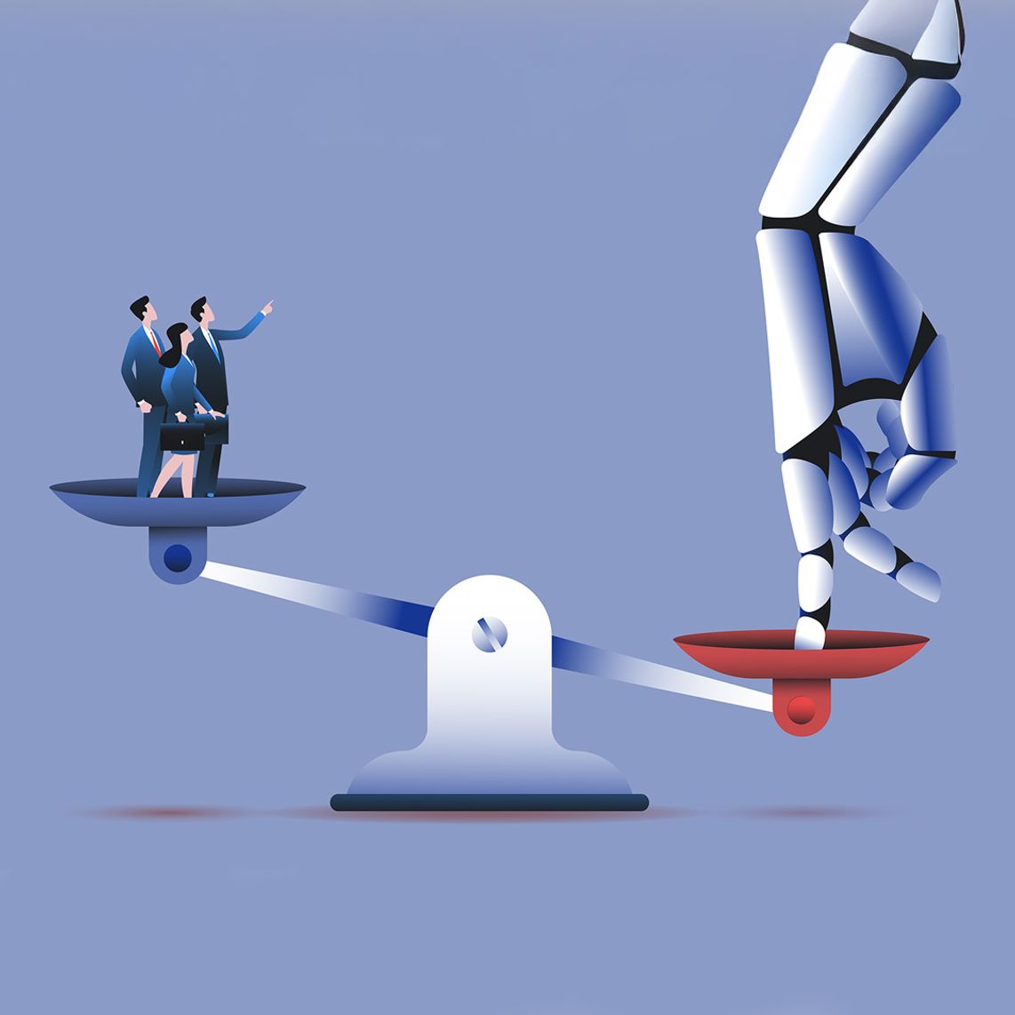 A stylised image showing a robot hand pushing down on a set of scales