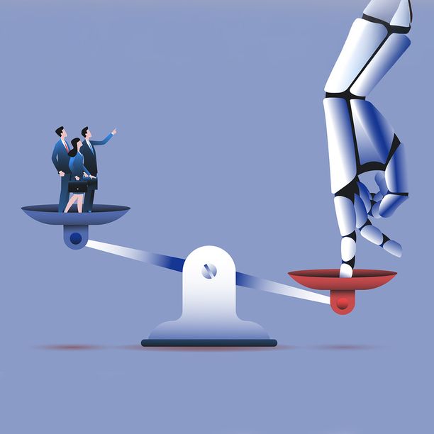 A stylised image showing a robot hand pushing down on a set of scales