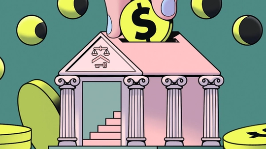 Illustration of a hand inserting a dollar coin into a pink bank building shaped like a piggy bank, surrounded by floating coins.