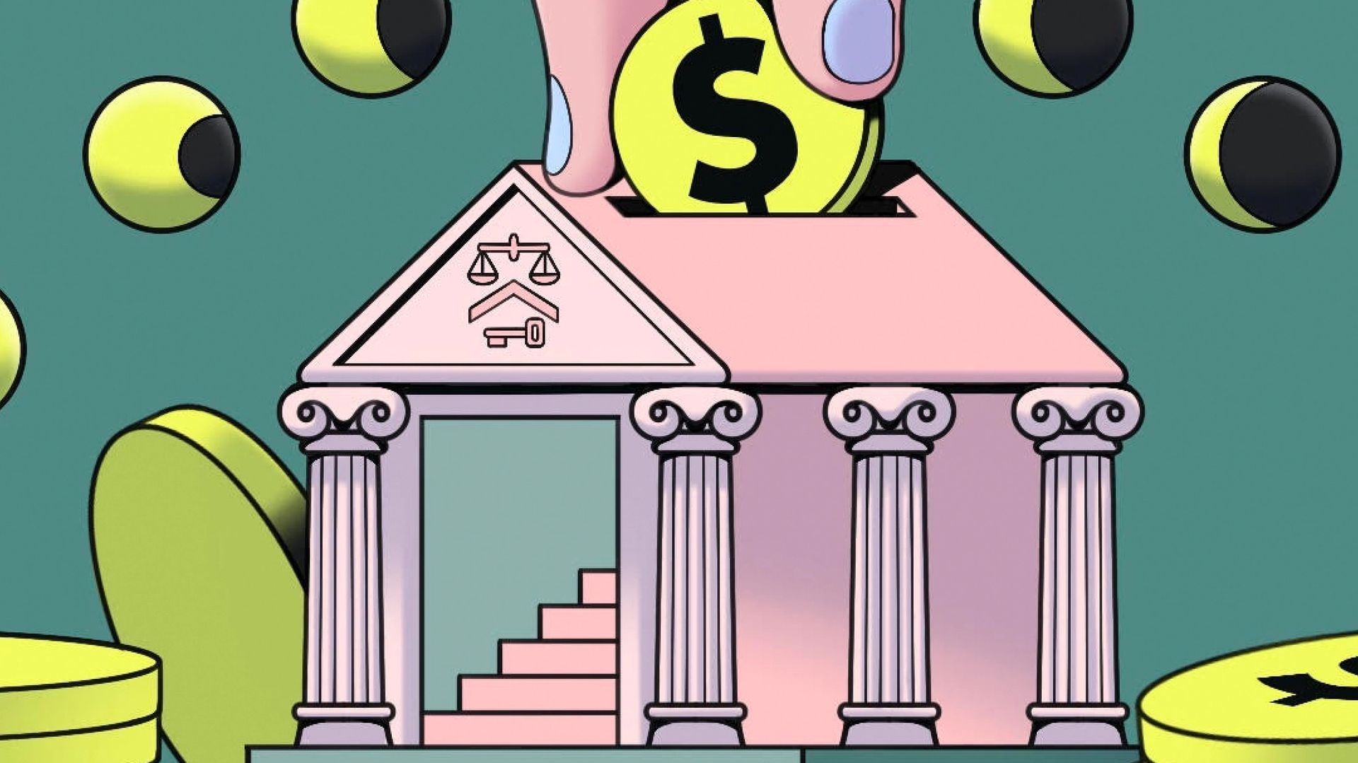 Illustration of a hand inserting a dollar coin into a pink bank building shaped like a piggy bank, surrounded by floating coins.