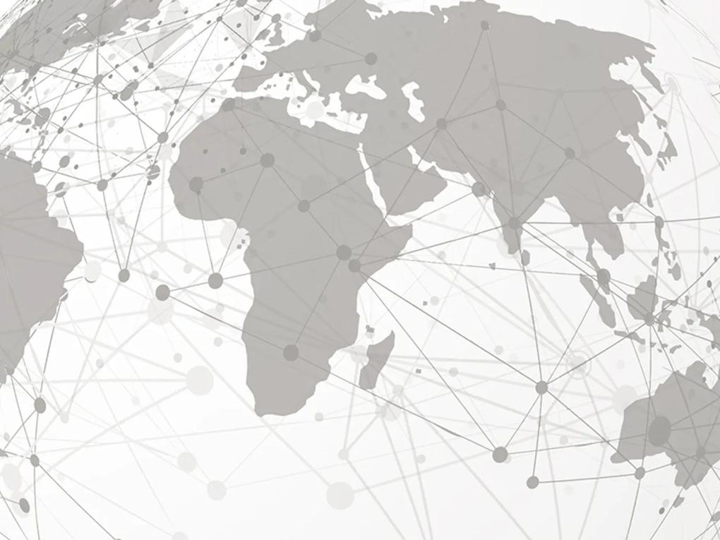 A grayscale world map with interconnected lines and nodes, symbolizing global connectivity.
