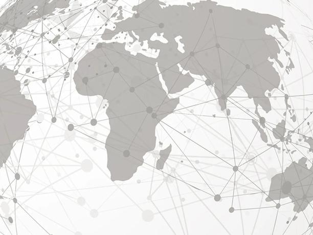 A grayscale world map with interconnected lines and nodes, symbolizing global connectivity.