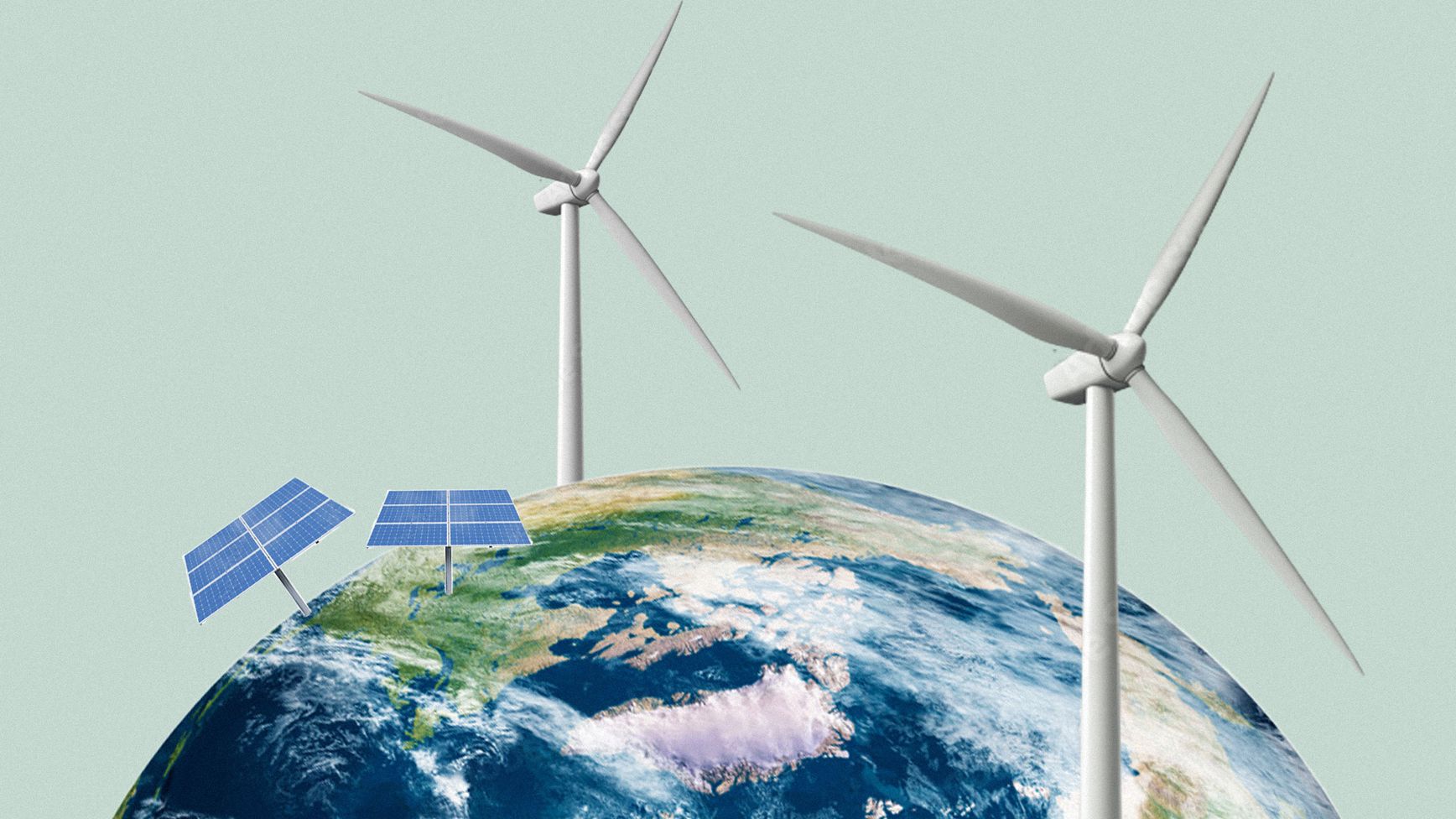Two wind turbines and two solar panel arrays are illustrated on top of a globe, representing renewable energy sources.