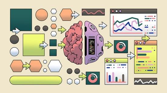 An illustration of a brain and a computer chip in the center, with colorful shapes and arrows representing data being processed into charts, graphs, and code on computer screens.