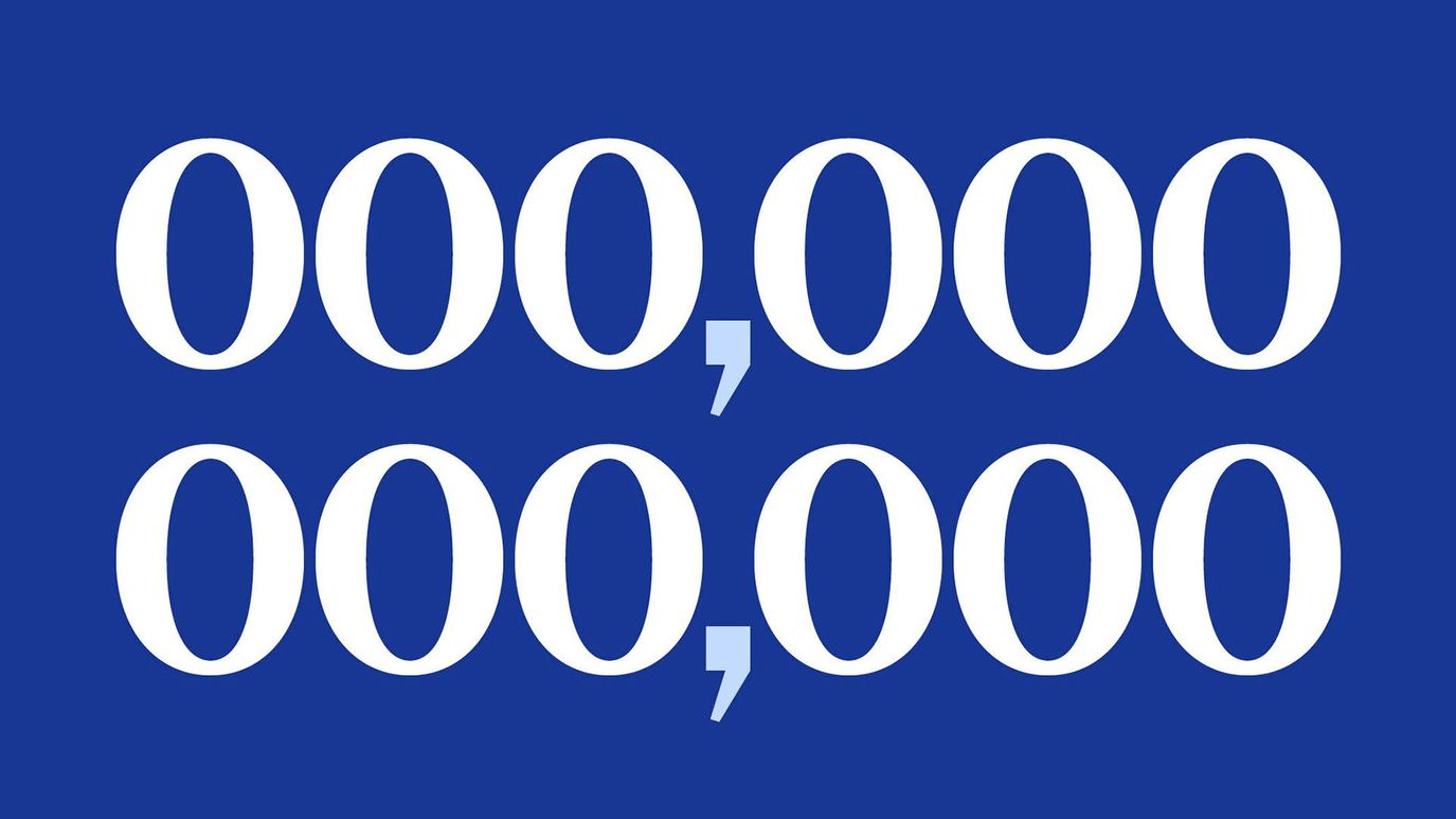 Two stacked rows of white zeros separated by light blue commas on a dark blue background, forming '000,000' on each line.