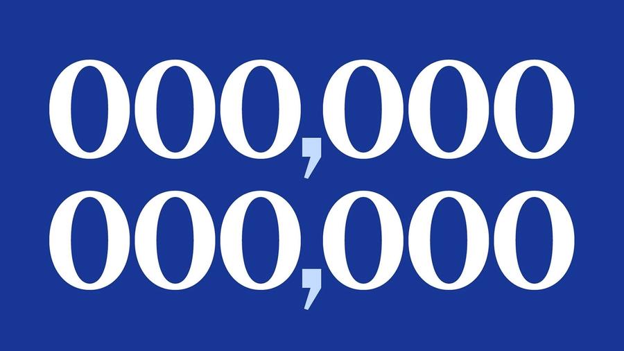 Two stacked rows of white zeros separated by light blue commas on a dark blue background, forming '000,000' on each line.