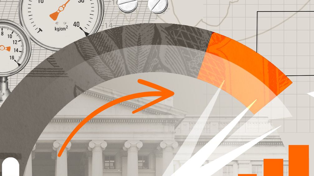 A grey, white and orange graphic showing raising temperatures via three separate gauges and a increasing bar chart that culminates in a stack of coins alongside medical-related images such as pills.