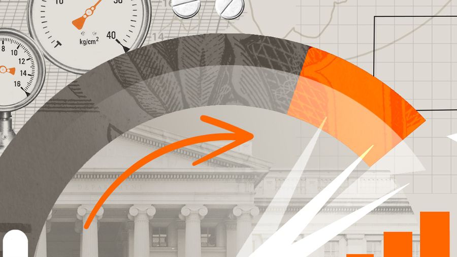 A grey, white and orange graphic showing raising temperatures via three separate gauges and a increasing bar chart that culminates in a stack of coins alongside medical-related images such as pills.