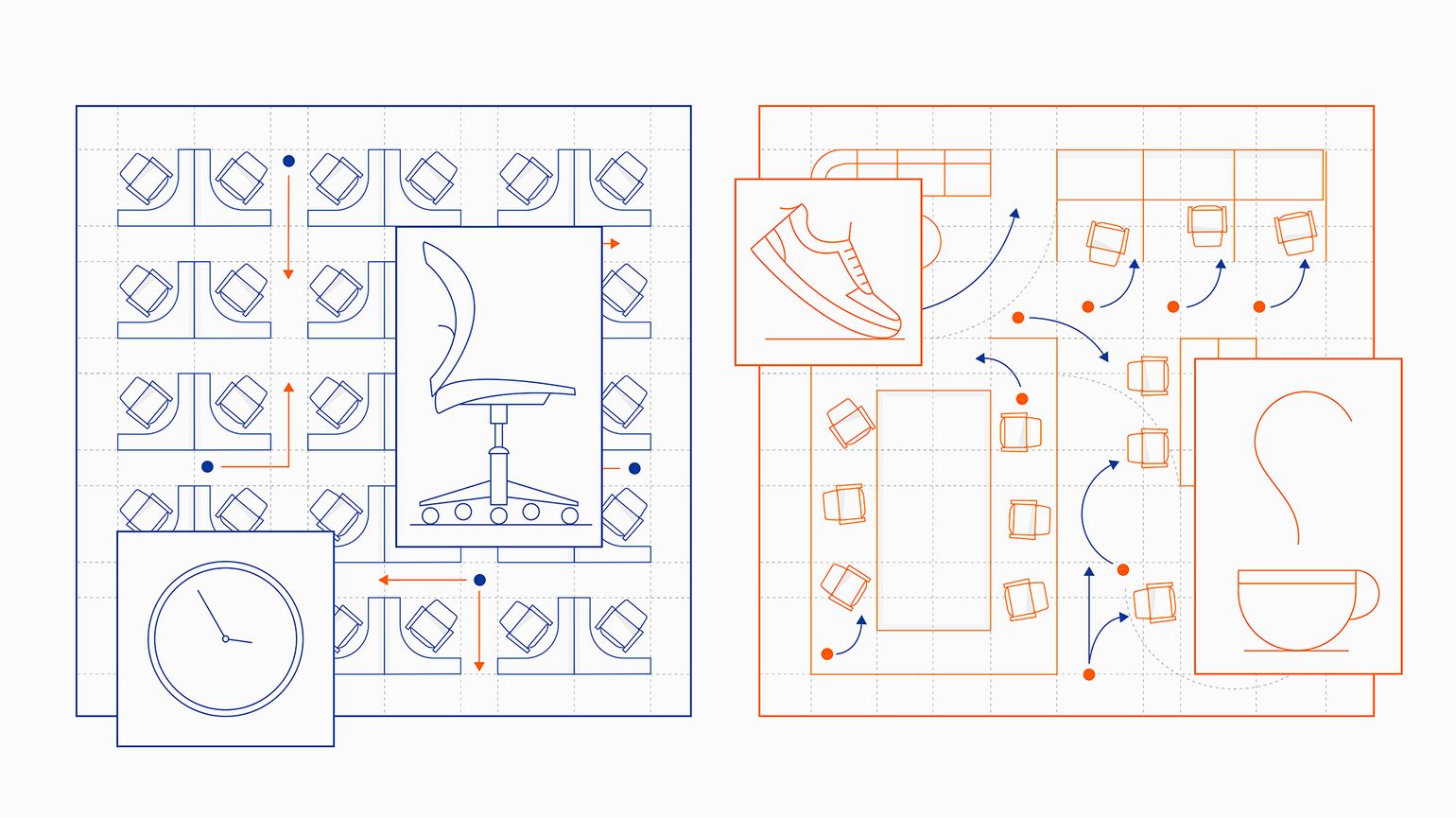 Two graphic representations of an office floor plan. One on the left is in blue and includes a clock image on the bottom left, and an image of a chair on the right. The floor plan graphic on the right is in red and includes an image of a raised foot, as if walking and a cup with a hot drink in it and a swirl of steam coming out of it.