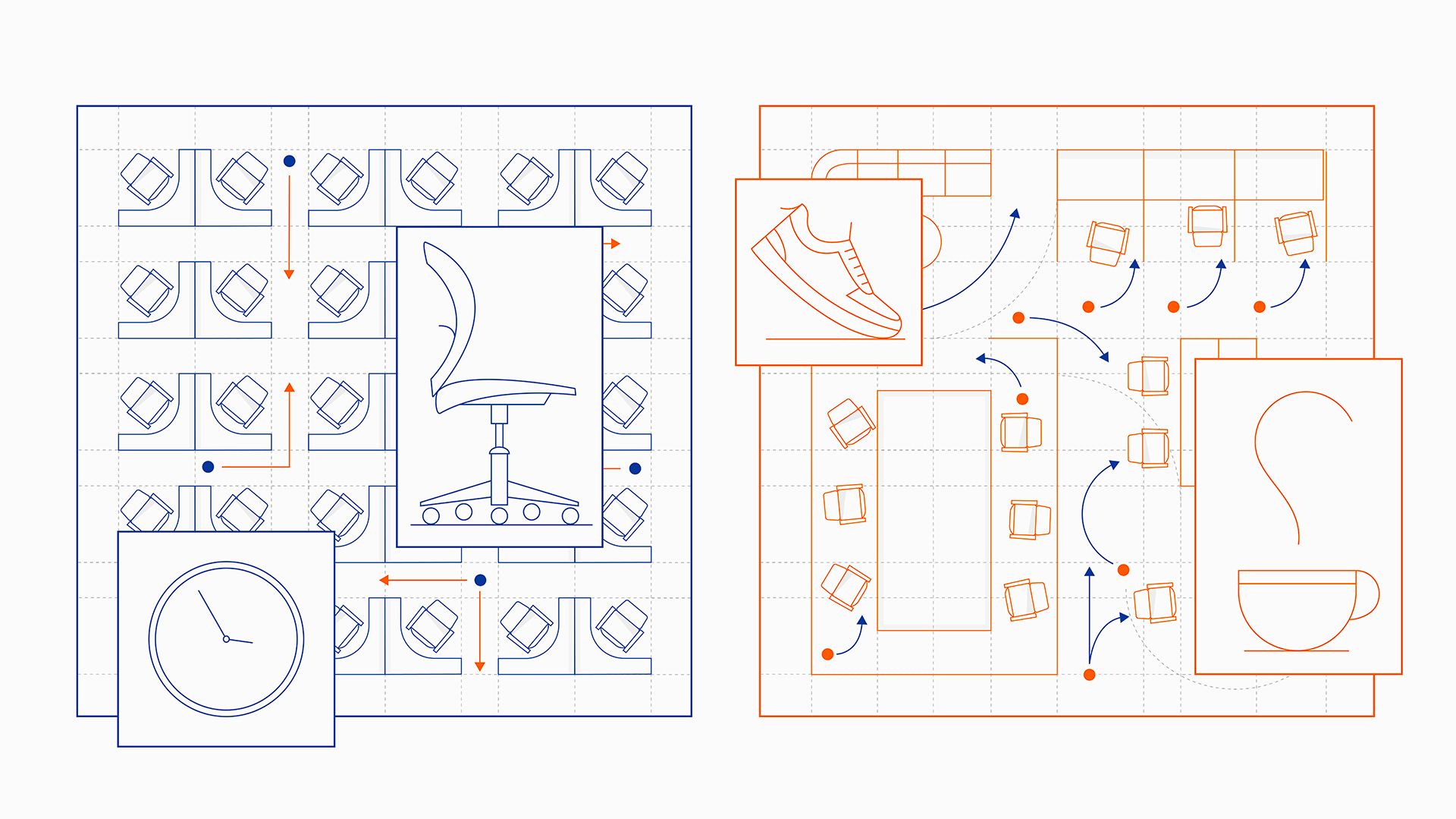 Two graphic representations of an office floor plan. One on the left is in blue and includes a clock image on the bottom left, and an image of a chair on the right. The floor plan graphic on the right is in red and includes an image of a raised foot, as if walking and a cup with a hot drink in it and a swirl of steam coming out of it.