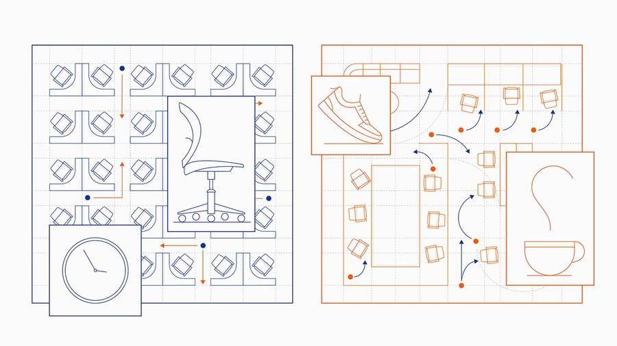 Two graphic representations of an office floor plan. One on the left is in blue and includes a clock image on the bottom left, and an image of a chair on the right. The floor plan graphic on the right is in red and includes an image of a raised foot, as if walking and a cup with a hot drink in it and a swirl of steam coming out of it.