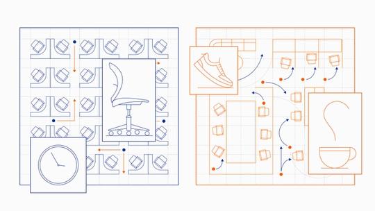 Two graphic representations of an office floor plan. One on the left is in blue and includes a clock image on the bottom left, and an image of a chair on the right. The floor plan graphic on the right is in red and includes an image of a raised foot, as if walking and a cup with a hot drink in it and a swirl of steam coming out of it.