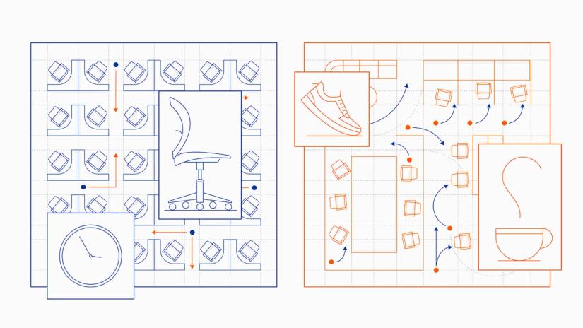 Two graphic representations of an office floor plan. One on the left is in blue and includes a clock image on the bottom left, and an image of a chair on the right. The floor plan graphic on the right is in red and includes an image of a raised foot, as if walking and a cup with a hot drink in it and a swirl of steam coming out of it.