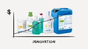 Graphic illustration showing various sanitizer and cleaning products overlaid by a chart mapping innovation against value.