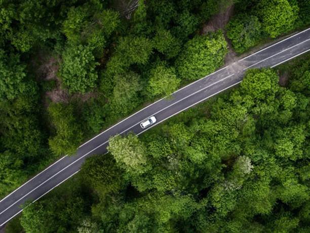 Aerial view of a car driving on a winding road through a dense green forest.