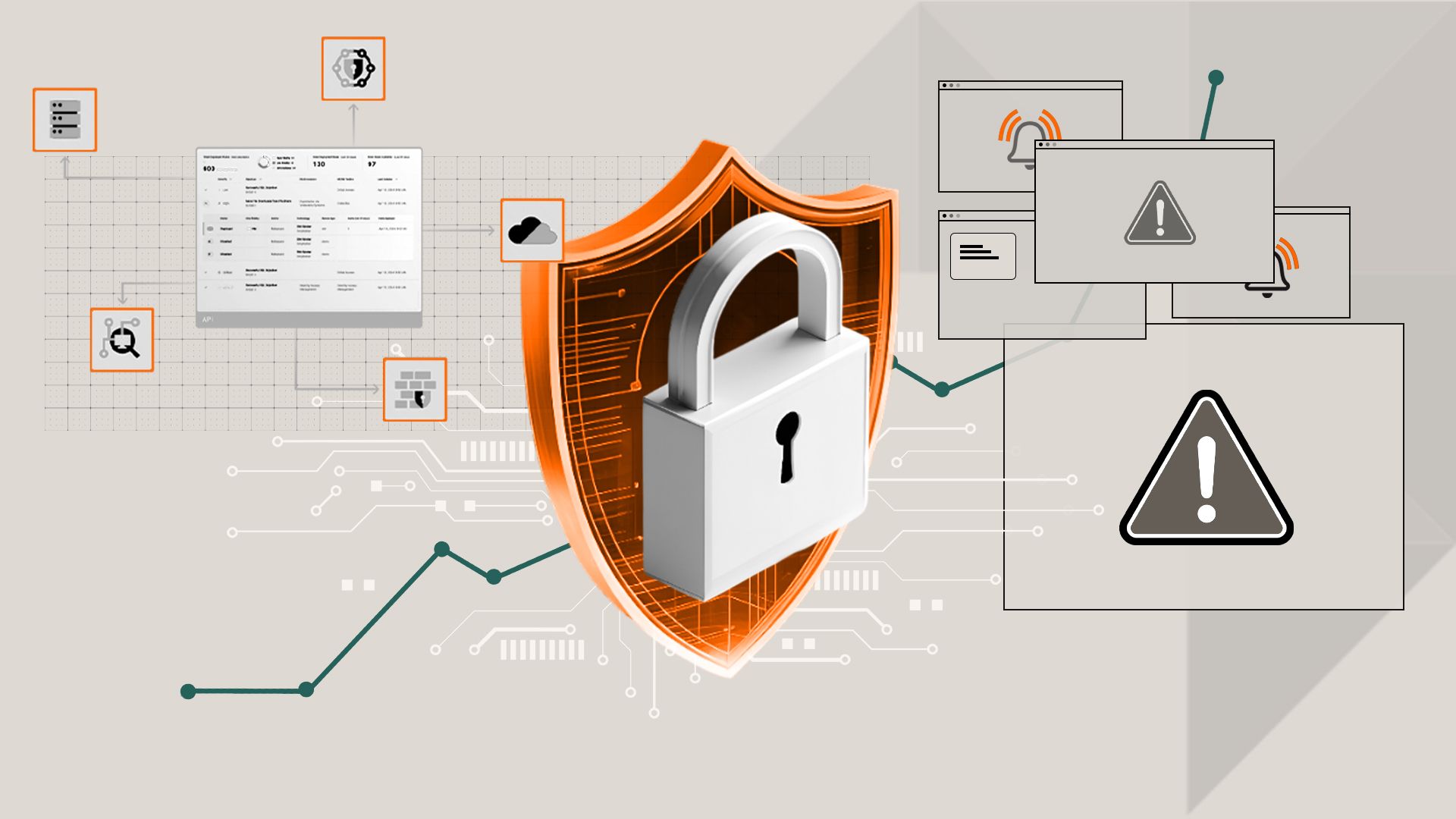 Large padlock on an orange shield surrounded by cybersecurity icons, warning symbols, and interface elements.