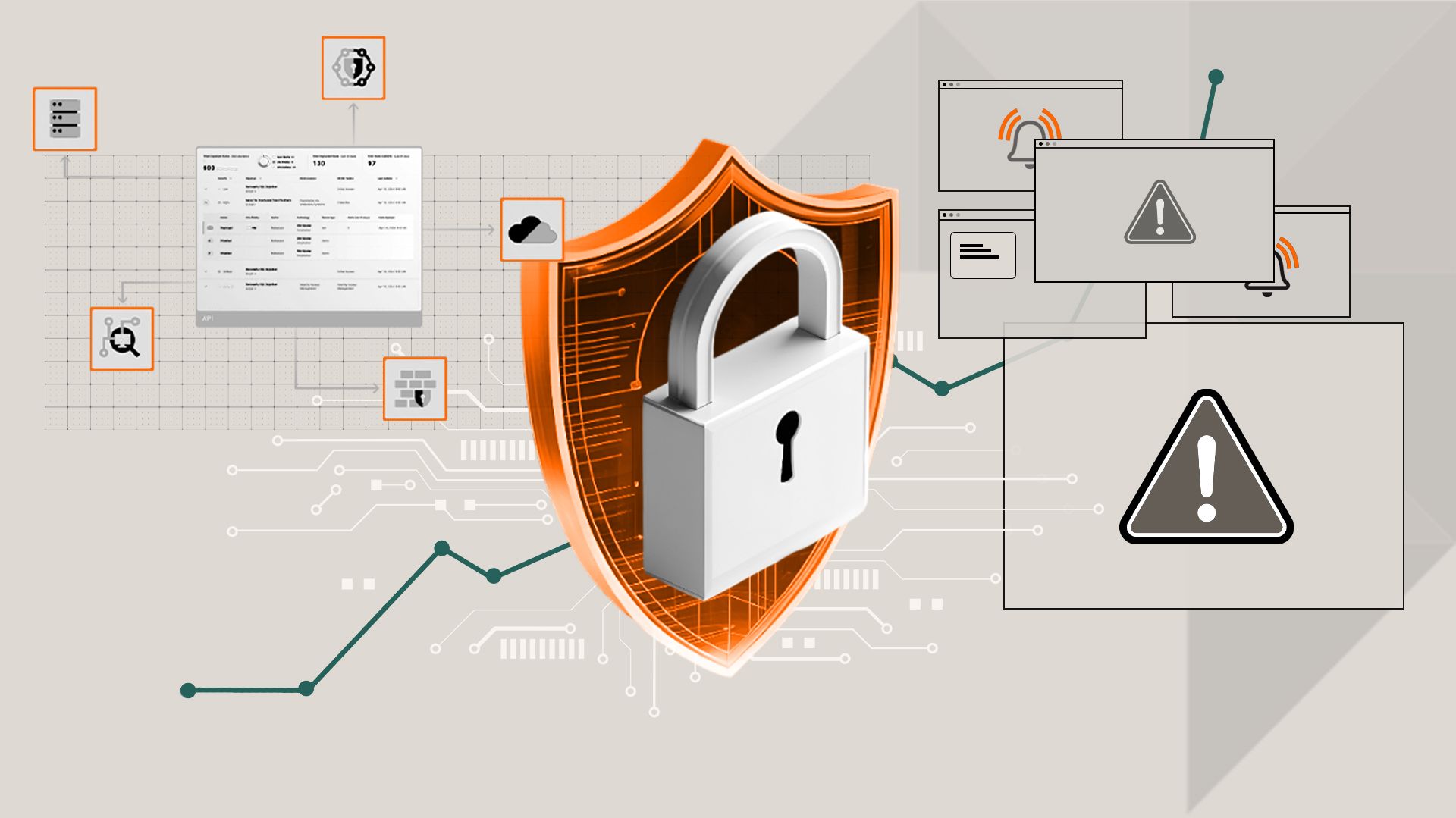 Large padlock on an orange shield surrounded by cybersecurity icons, warning symbols, and interface elements.
