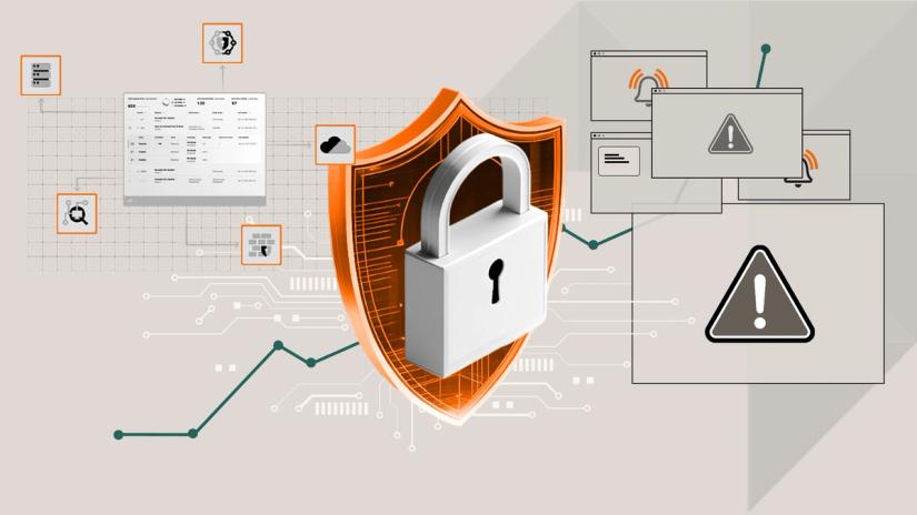 Large padlock on an orange shield surrounded by cybersecurity icons, warning symbols, and interface elements.