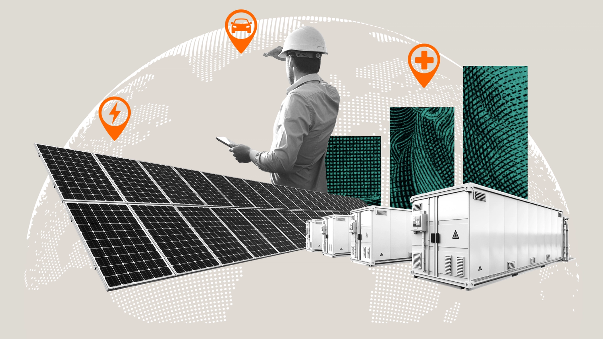 Collage of a worker in a hard hat beside solar panels and battery storage units, with a globe and orange icons for energy, electric vehicles, and healthcare.