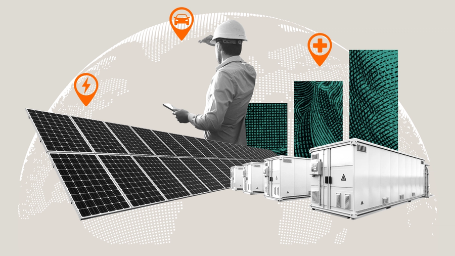 Collage of a worker in a hard hat beside solar panels and battery storage units, with a globe and orange icons for energy, electric vehicles, and healthcare.