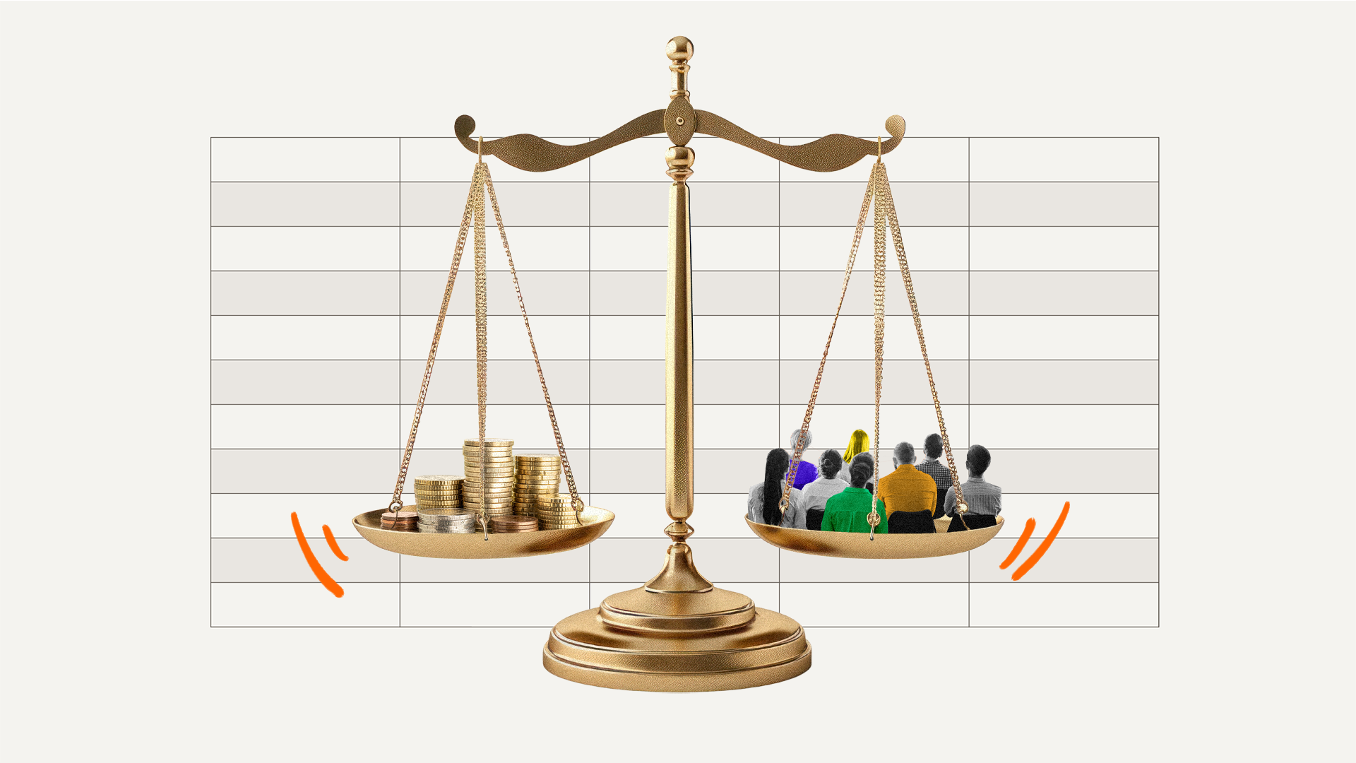 A set of scales weighs people against coins.