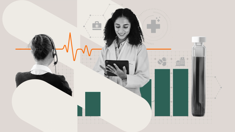 Collage showing a healthcare professional using a tablet, a headset operator, medical icons, a rising bar chart, and a vial.